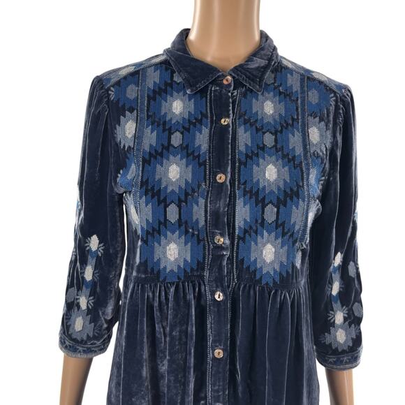 Johnny Was Blue Nomi Velvet Smock Button Down Shirt - Picture 6 of 11